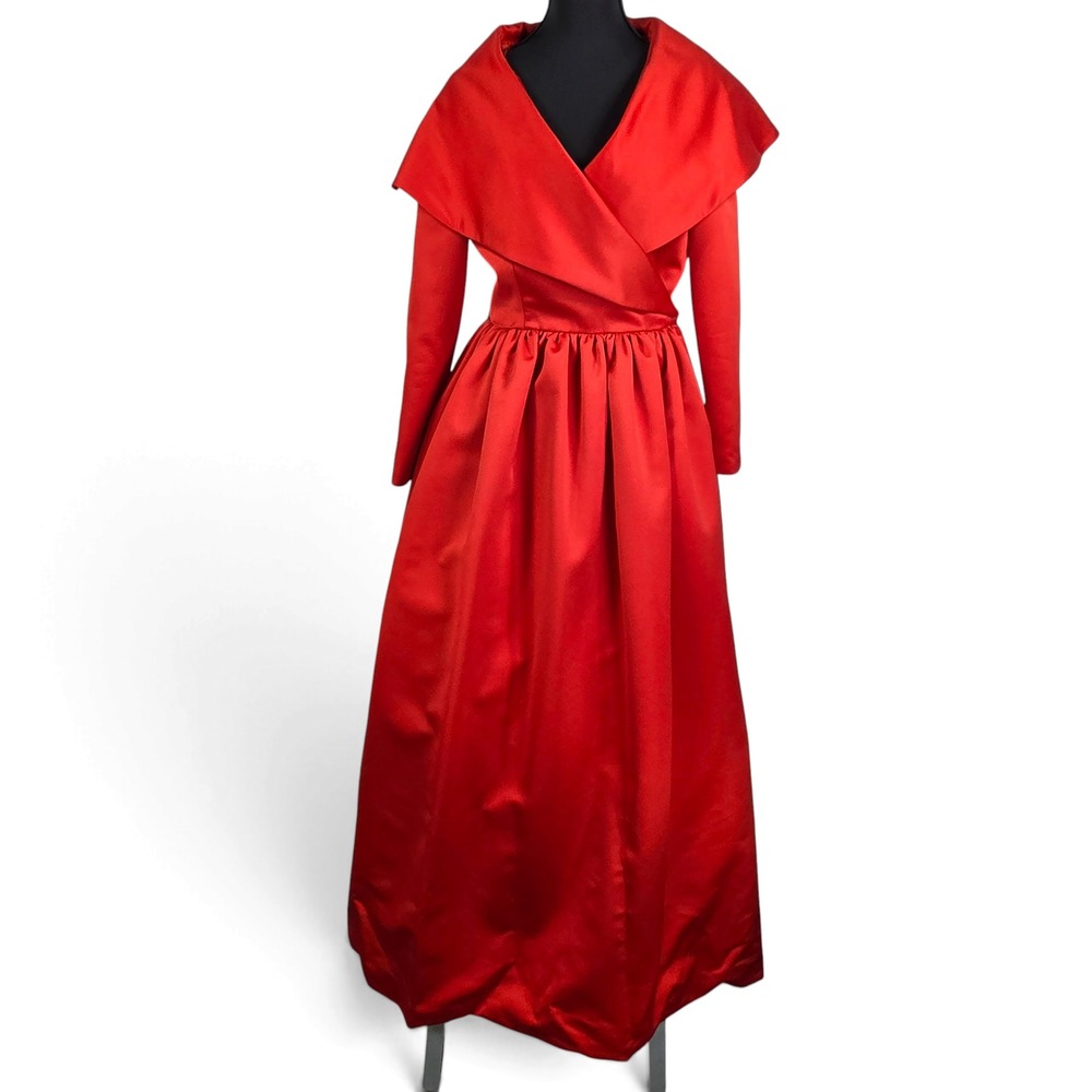 Victor Costa Gown Womens 10 Red Vintage 80s Shawl Collar Long Sleeve Formal